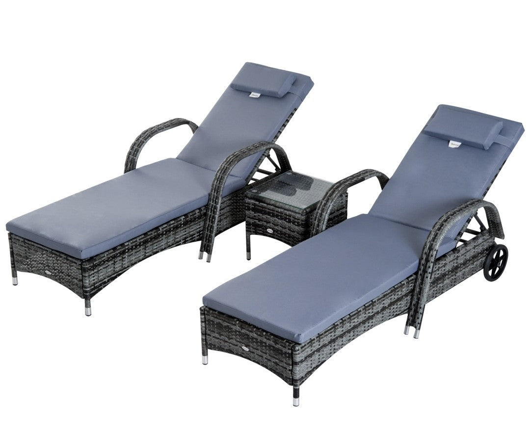 3-Piece PE Rattan Sun Lounger Set – Grey | Wheeled Recliner with Cushions