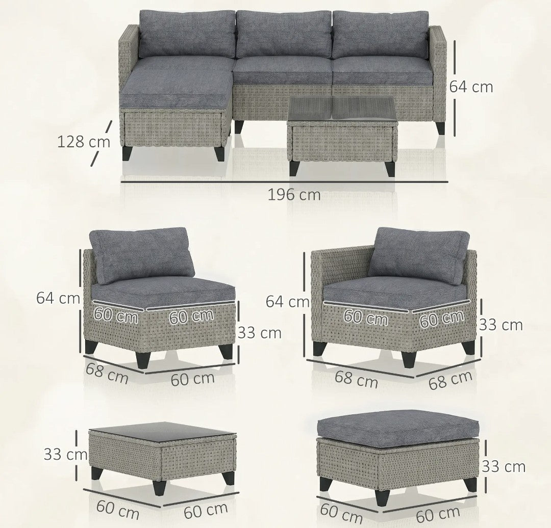 5-Piece Rattan Corner Sofa Set with Coffee Table – Dark Grey