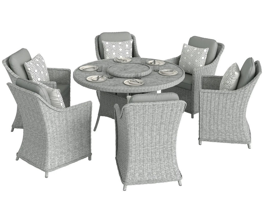 7-Piece Rattan Garden Dining Set with Turntable & Marble Effect Round Table