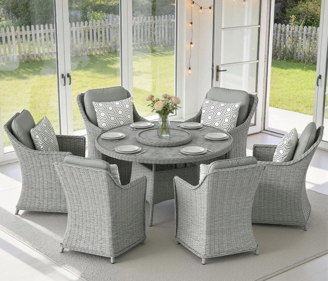 7-Piece Rattan Garden Dining Set with Turntable & Marble Effect Round Table
