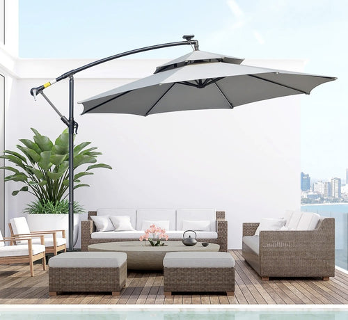 3m Cantilever Garden Parasol with Double Roof & LED Solar Lights – Black