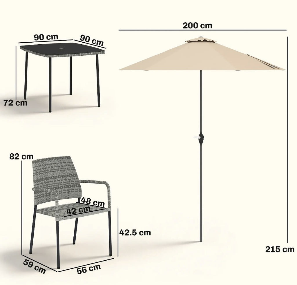 4-Seater Rattan Dining Set with Parasol – 6 Piece, Grey | Stackable Chairs