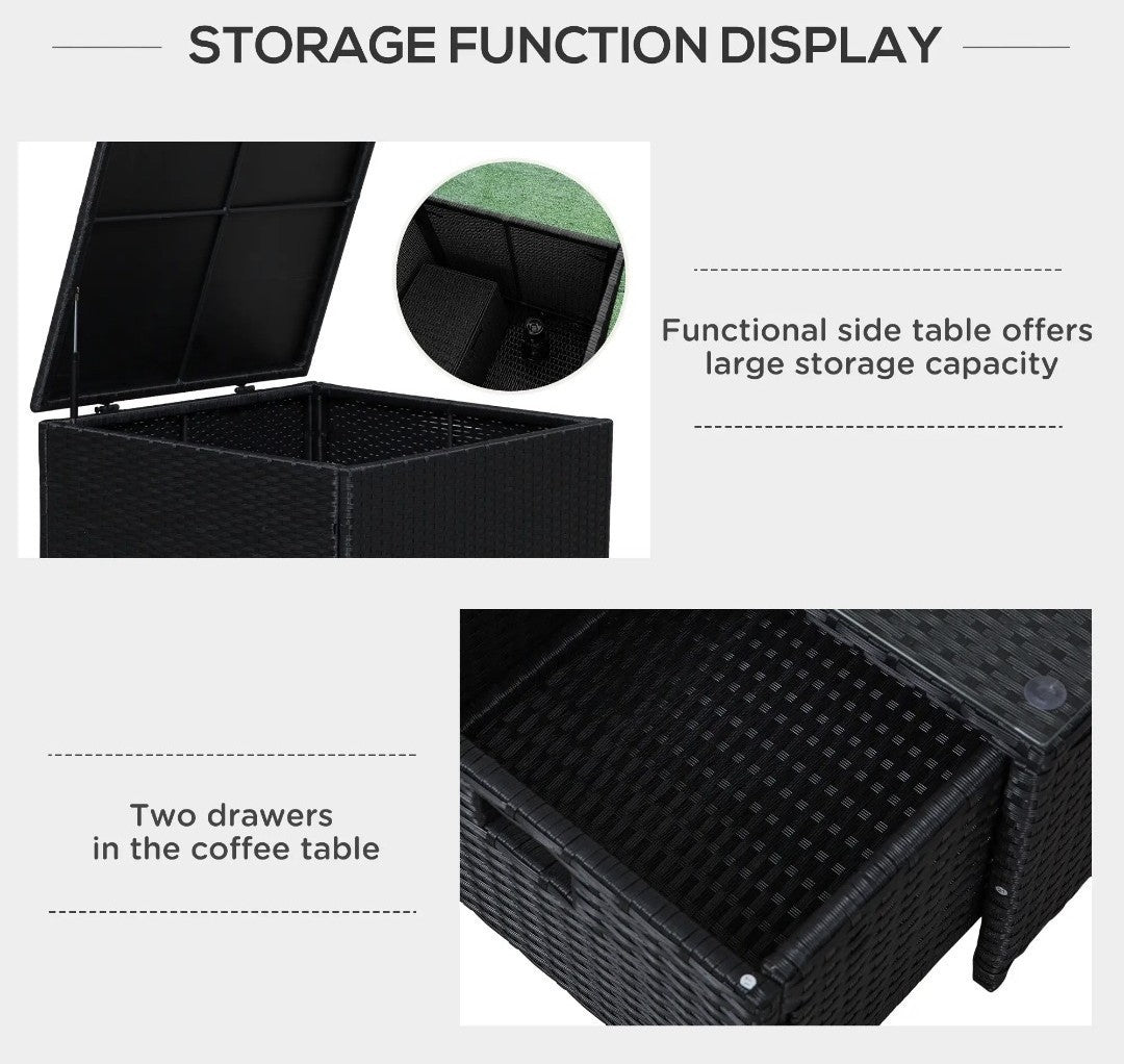 4-Seater Rattan Garden Set with Storage Box & 2-Drawer Coffee Table | Black