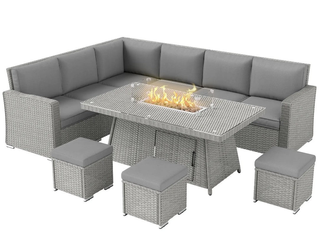 7-Piece Rattan Garden Sofa Set with Fire Pit Table & Cushions | Grey