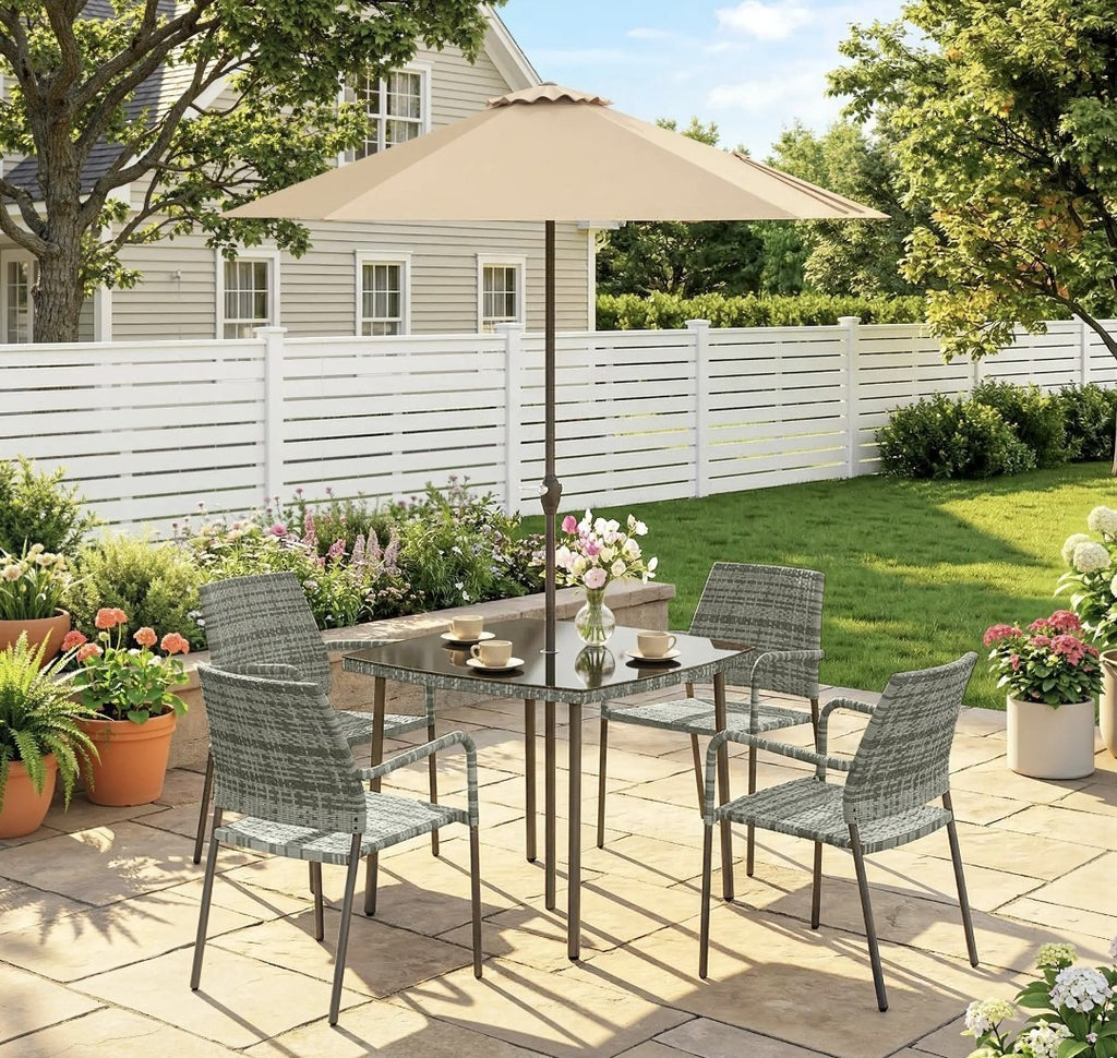 4-Seater Rattan Dining Set with Parasol – 6 Piece, Grey | Stackable Chairs
