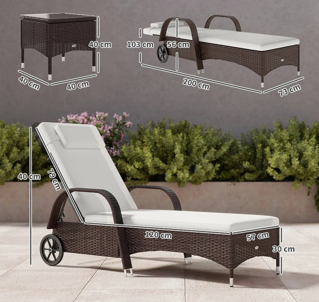 2x Rattan Sun Loungers with Adjustable Back, Wheels & Cushions | Headrest & Table