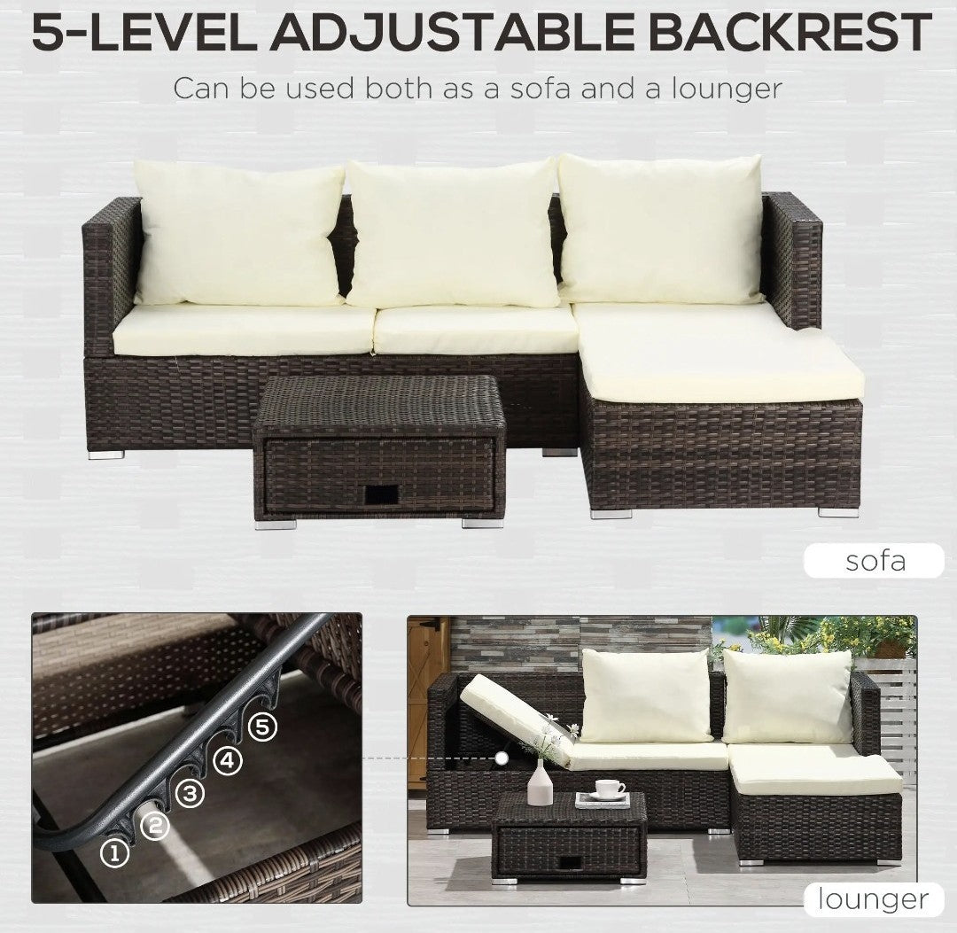 3-Piece Garden Sofa Set with Reclining Sofa & Storage Coffee Table – Brown | FSC Certified