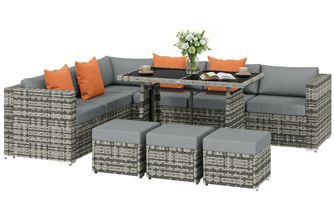 10-Piece Rattan Garden Furniture Set | 3 Corner Sofas, 3 Chairs, 3 Stools & Table – Grey & Orange