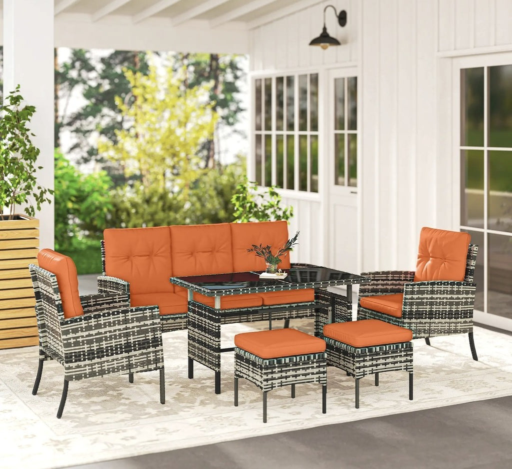 5-Seater Rattan Garden Sofa Set | 2 Armchairs & 3-Seater Wicker Sofa – Grey & Orange