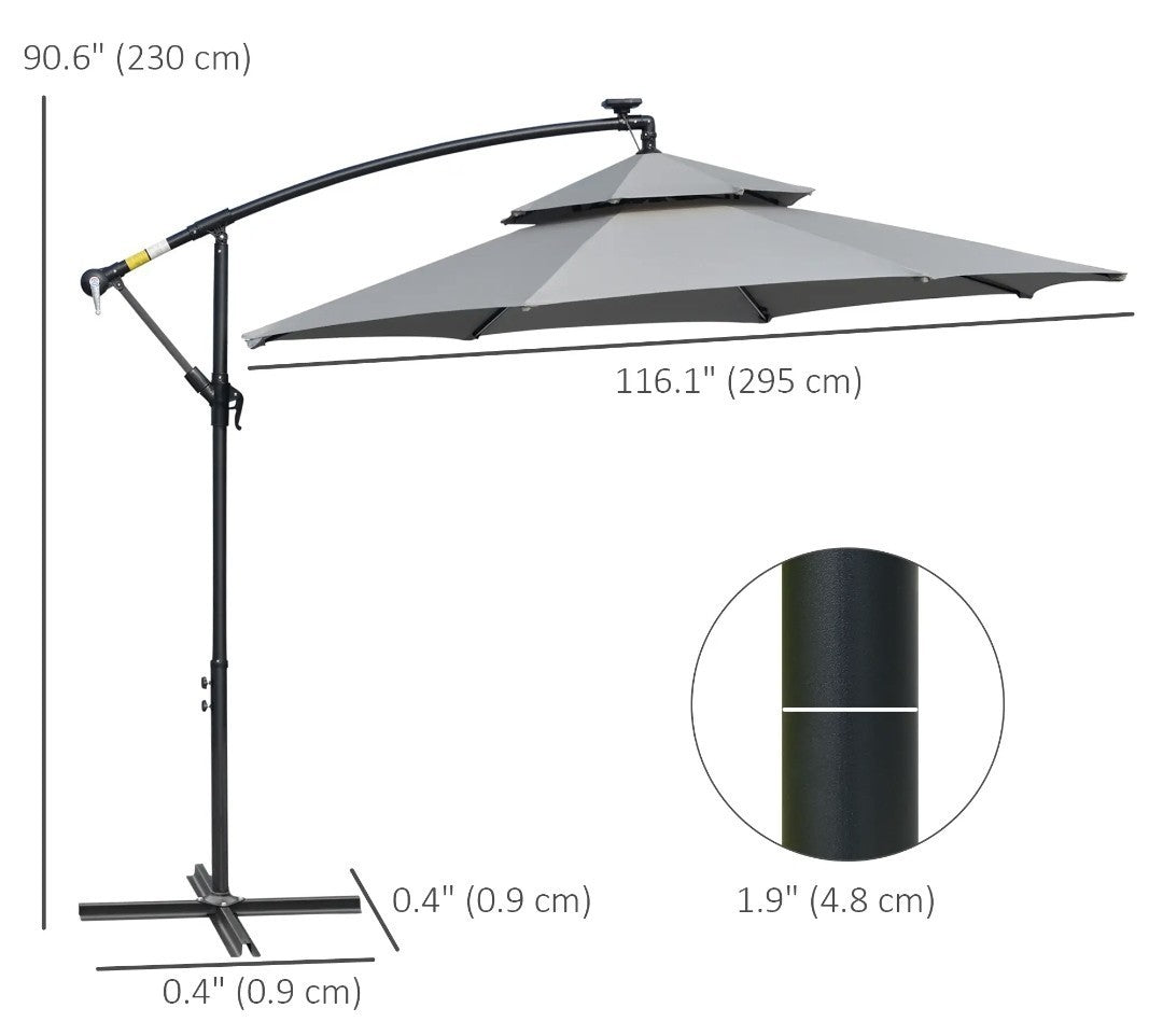 3m Cantilever Garden Parasol with Double Roof & LED Solar Lights – Black