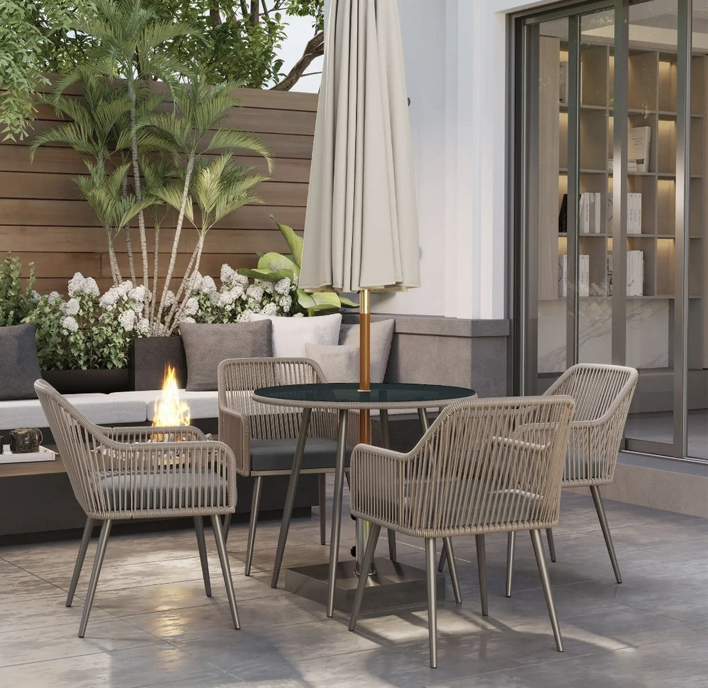 4-Seater Rattan Dining Set – Light Brown | Round Glass Table with Parasol Hole & Cushions