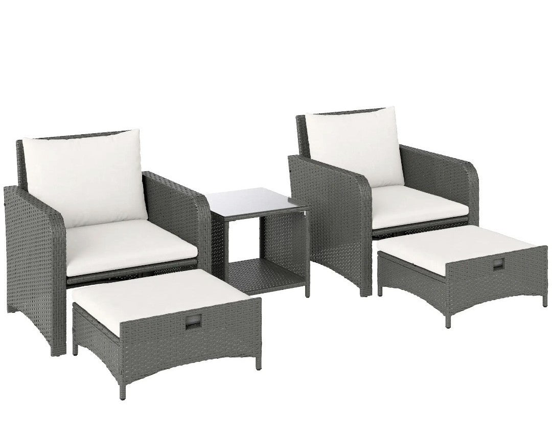 5-Piece Garden Rattan Set with 2-Tier Coffee Table | Cream Cushions