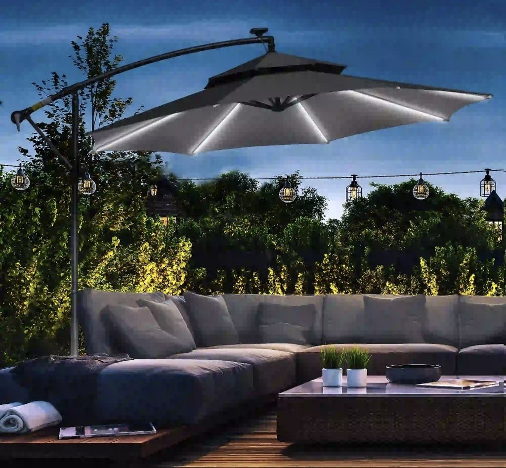 3m Cantilever Garden Parasol with Double Roof & LED Solar Lights – Black