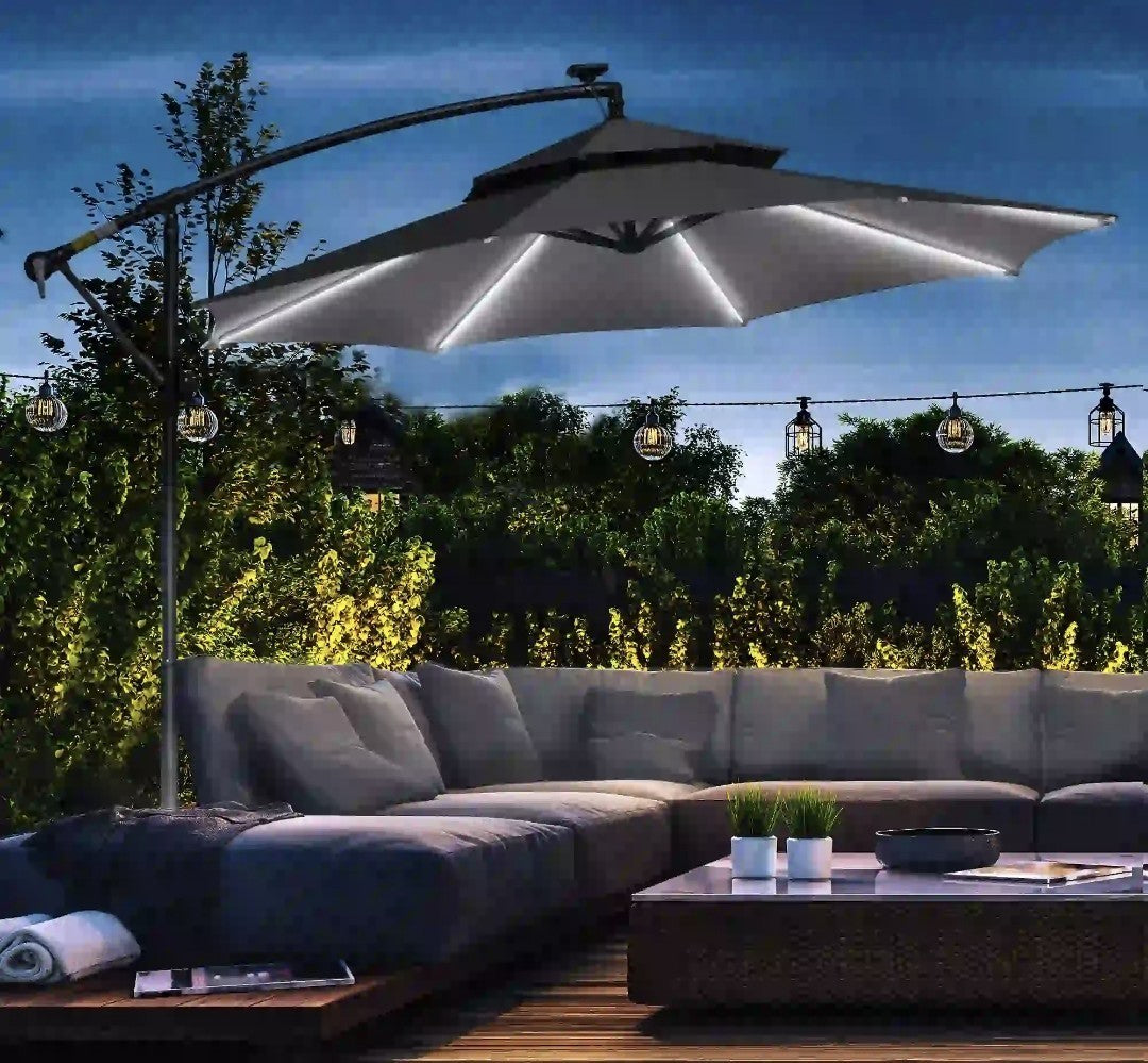 3m Cantilever Garden Parasol with Double Roof & LED Solar Lights – Black